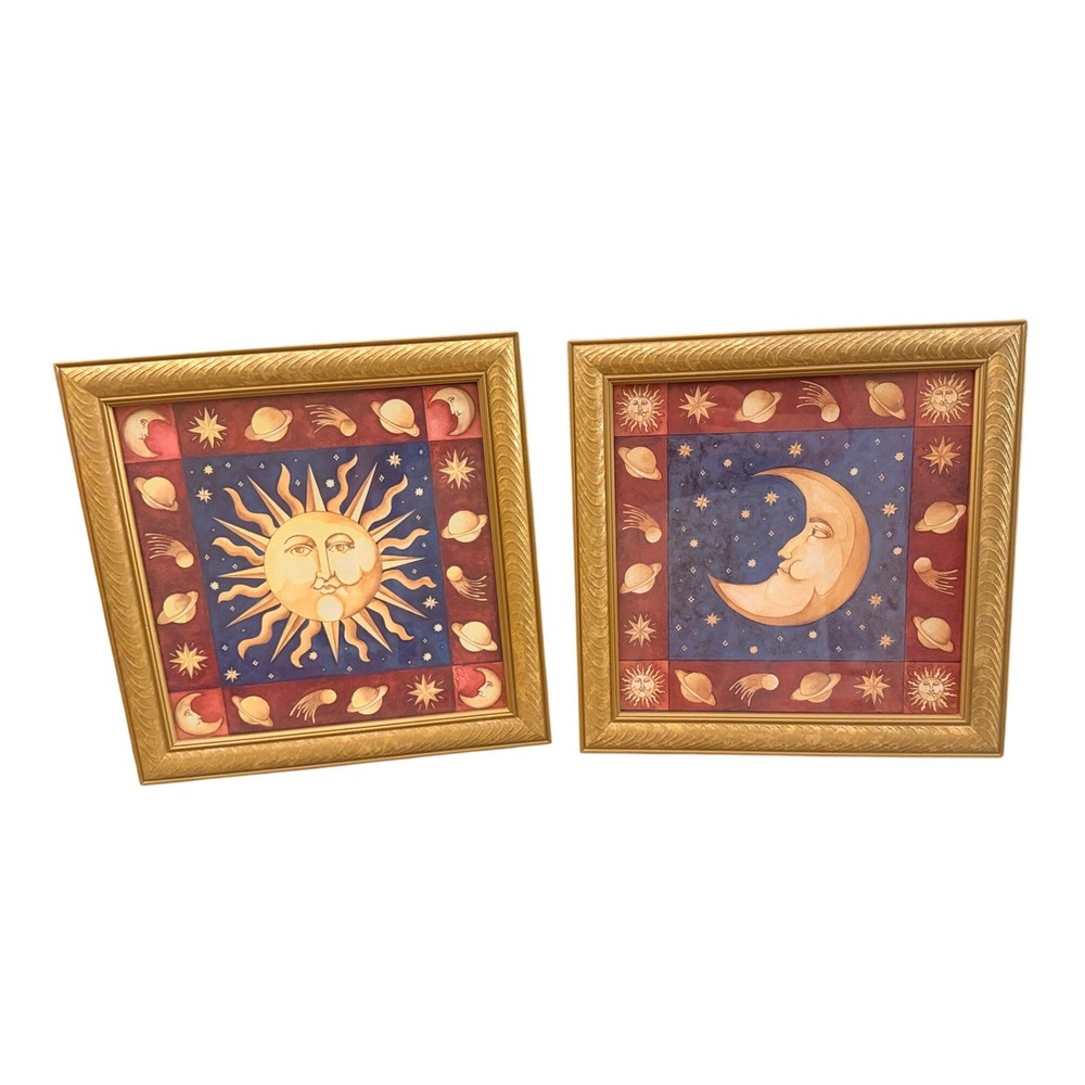 Vintage 1999 Mary Beth Zeity Authentic Celestial Moon and Sun Framed Art Pieces